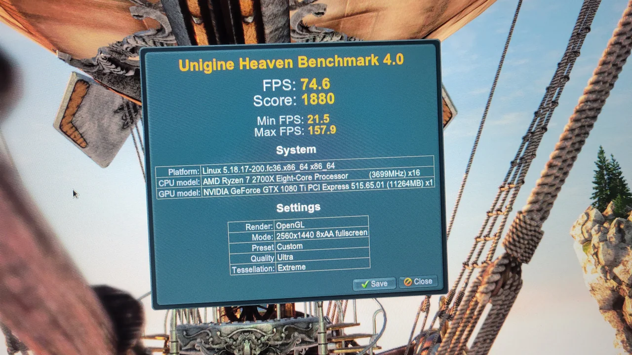Бенчмарк Unigine Heaven запущенный на видеокарте NVIDIA GeForce GTX 1080 Ti под X11 в Linux с помощью OpenGL