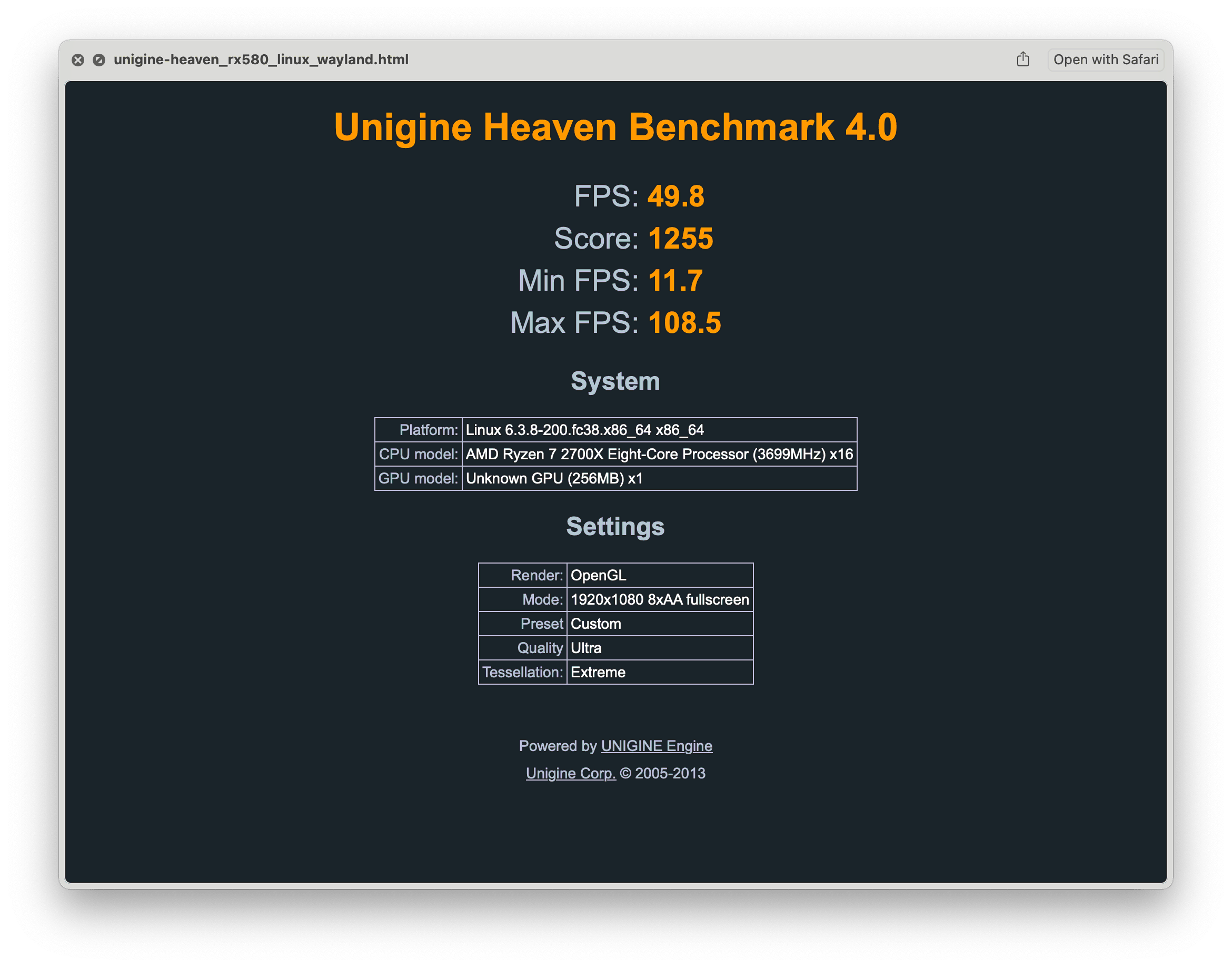 Бенчмарк Unigine Heaven запущенный на видеокарте AMD Radeon RX 580 под Wayland в Linux с помощью OpenGL