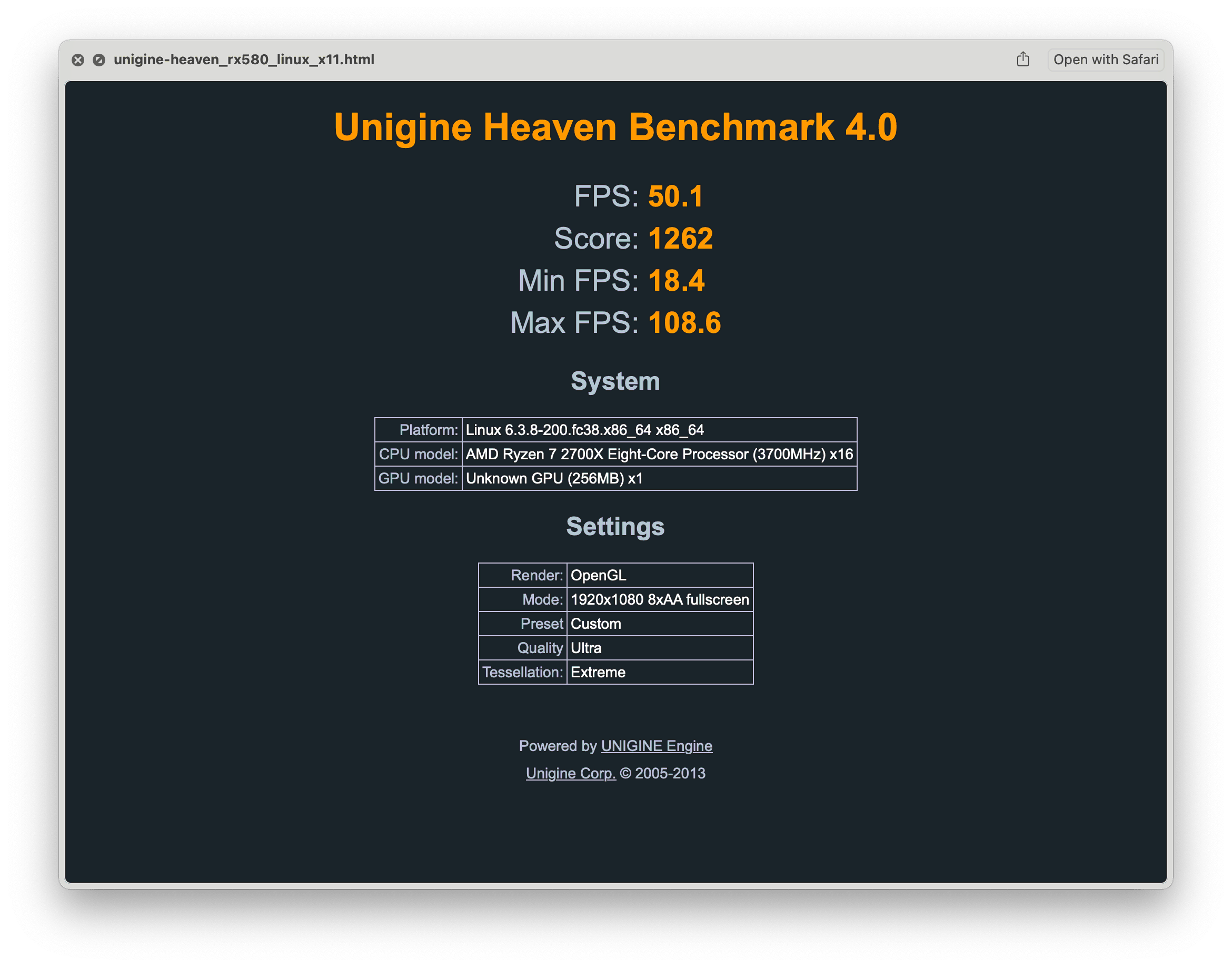 Бенчмарк Unigine Heaven запущенный на видеокарте AMD Radeon RX 580 под X11 в Linux с помощью OpenGL