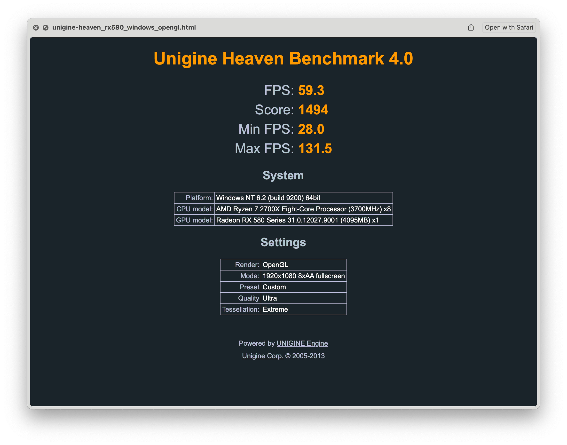 Бенчмарк Unigine Heaven запущенный на видеокарте AMD Radeon RX 580 в Windows с помощью OpenGL