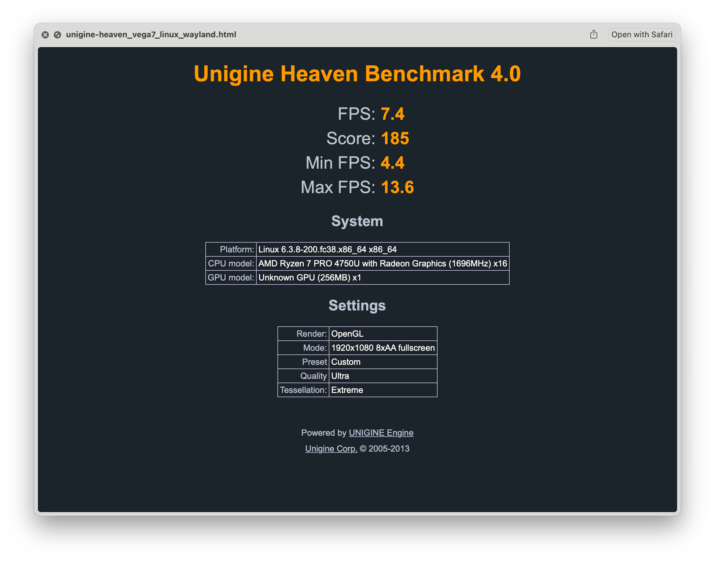 Бенчмарк Unigine Heaven запущенный на видеокарте AMD Radeon Pro Vega 7 под Wayland в Linux с помощью OpenGL