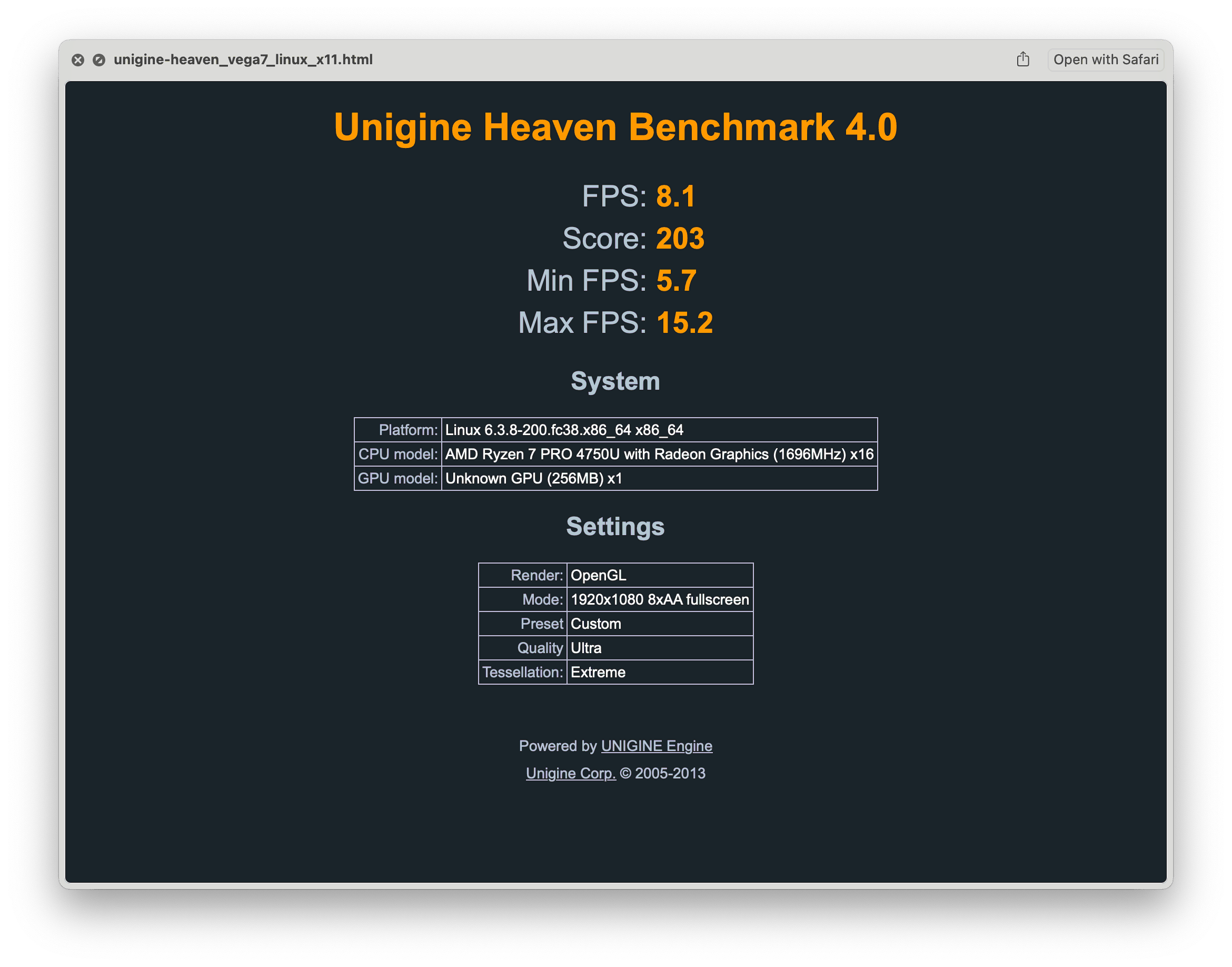 Бенчмарк Unigine Heaven запущенный на видеокарте AMD Radeon PRO Vega 7 под X11 в Linux с помощью OpenGL