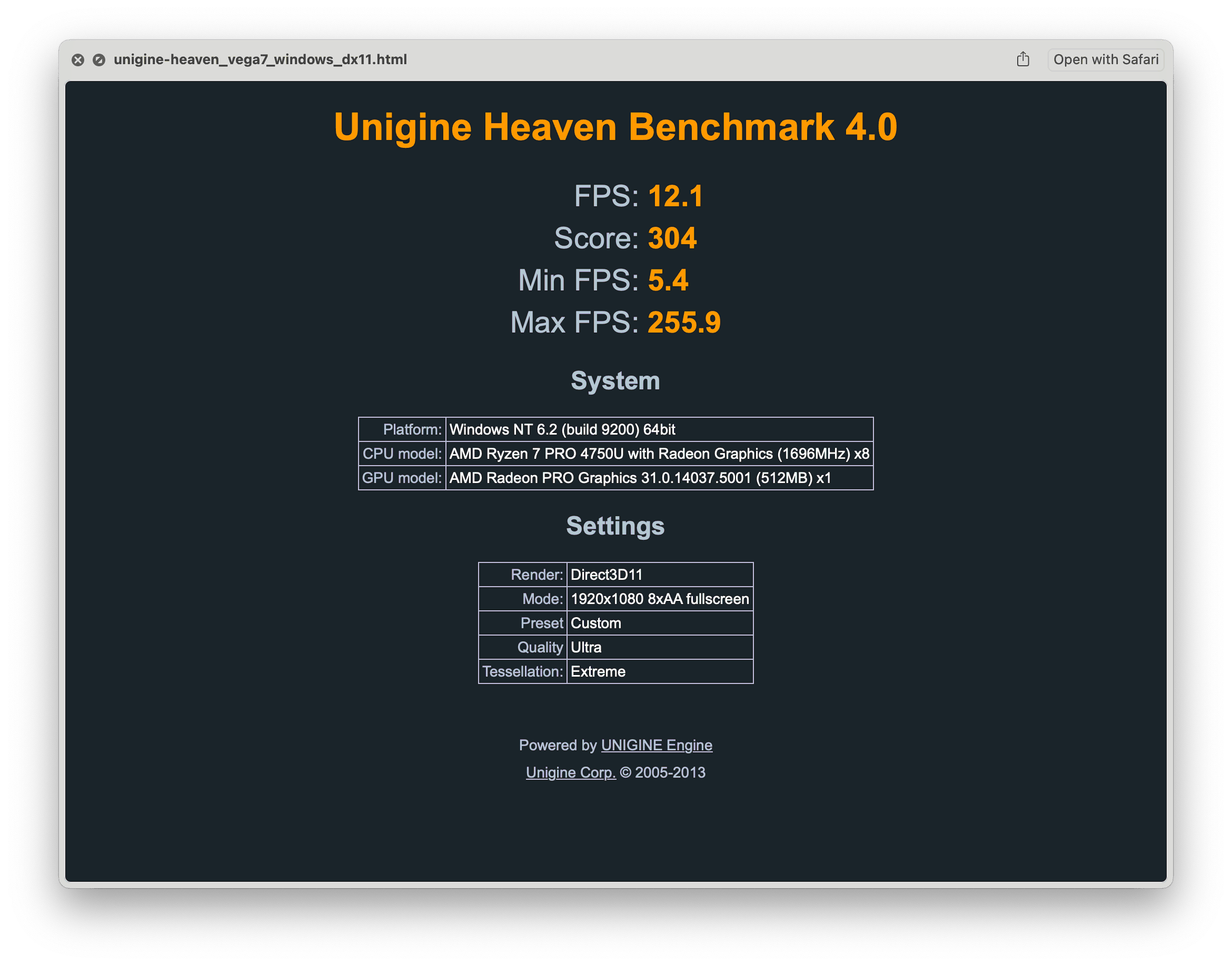 Бенчмарк Unigine Heaven запущенный на видеокарте AMD Radeon PRO Vega 7 в Windows с помощью DirectX 11.0