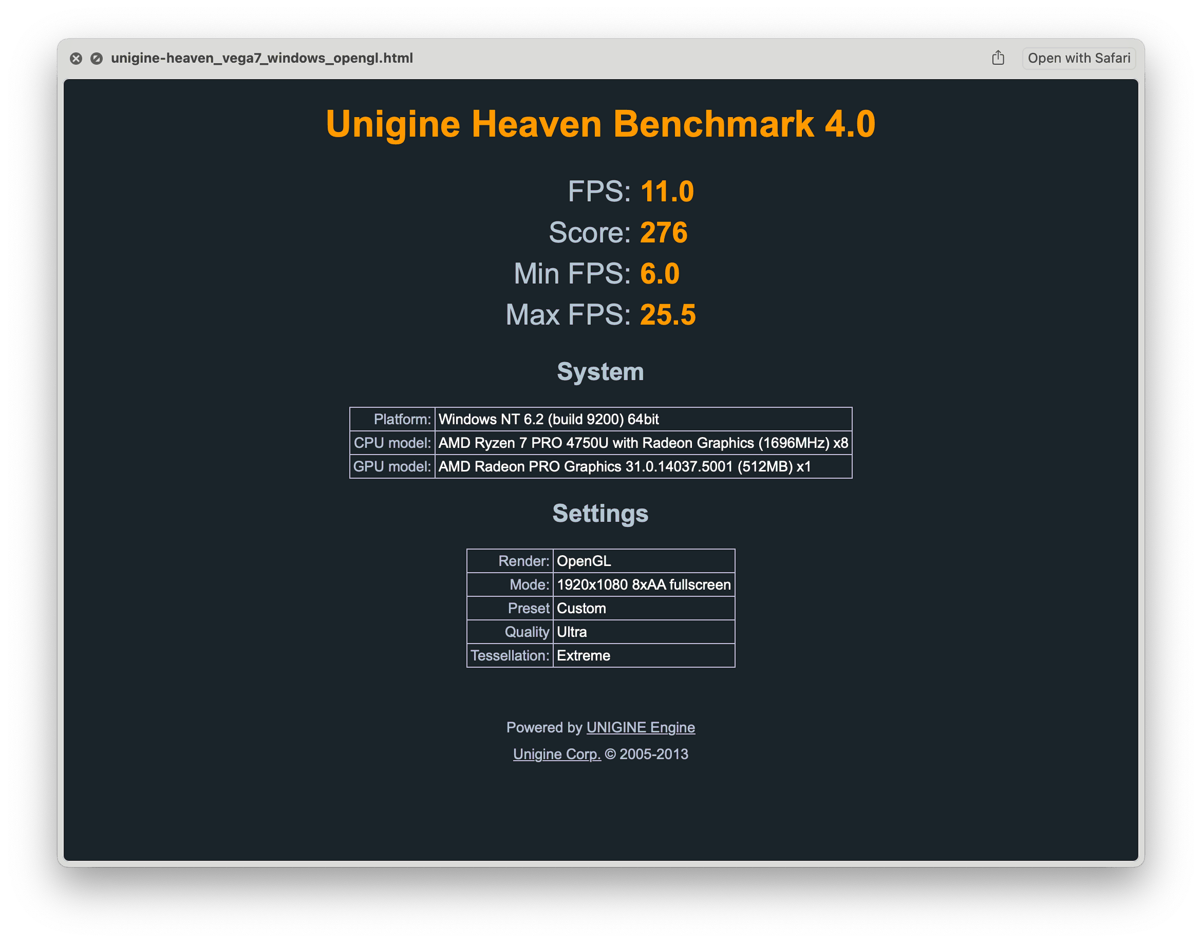 Бенчмарк Unigine Heaven запущенный на видеокарте AMD Radeon PRO Vega 7 в Windows с помощью OpenGL