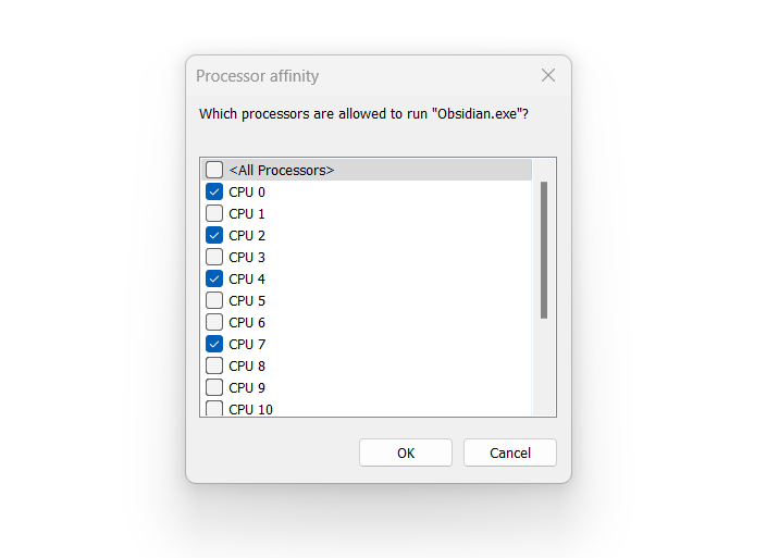 Выбор ядер, на которых будет исполняться процесс Obsidian.exe в Windows 11