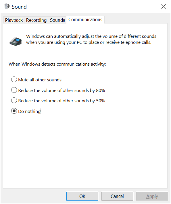 Windows снижает громкость звука при звонке